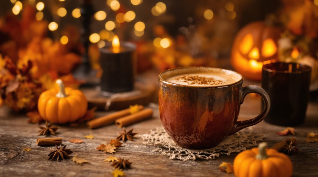 Café citrouille avec décorations d'Halloween