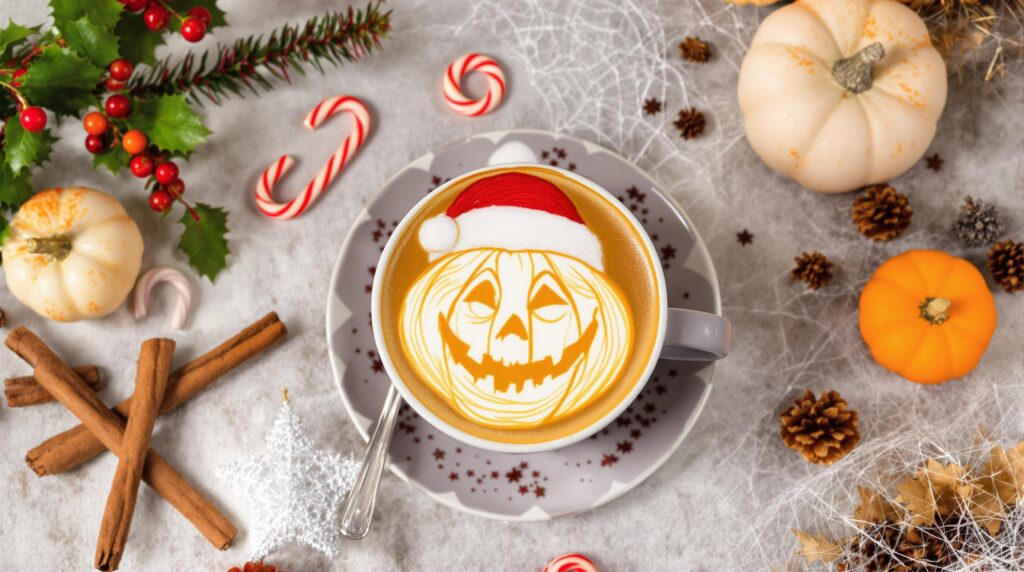 Café festif décoré pour Noël et Halloween