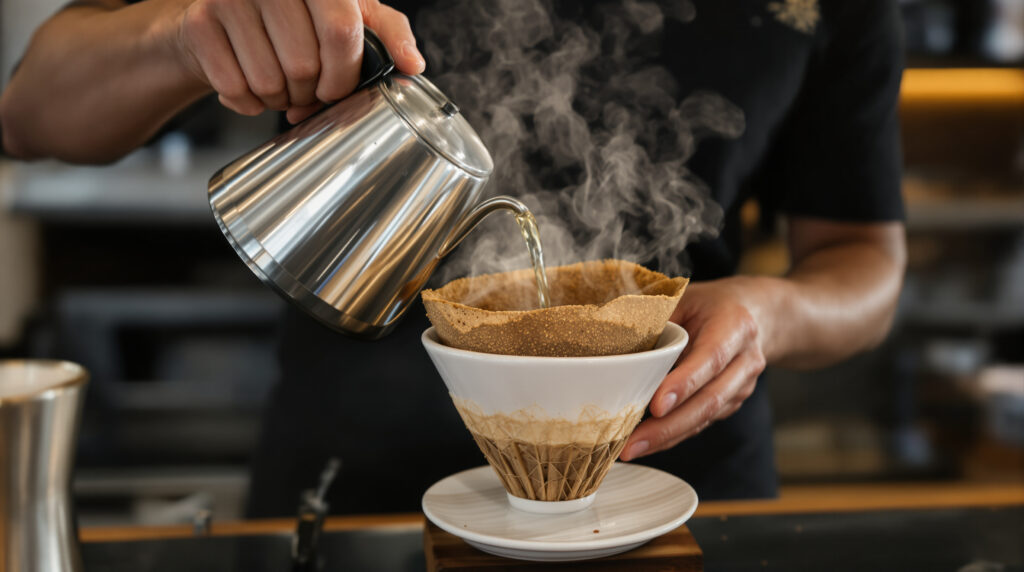 Barista préparant un café V60 avec la bonne mouture