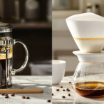 Une French press avec du café non filtré à côté d'un système de café filtre goutte à goutte sur un plan de travail en marbre.